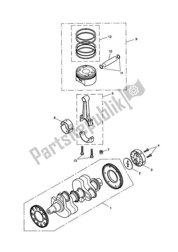 All parts for the Crankshaft, Conn Rods & Pistons of the Triumph America Carburettor 790 2002 - 2007